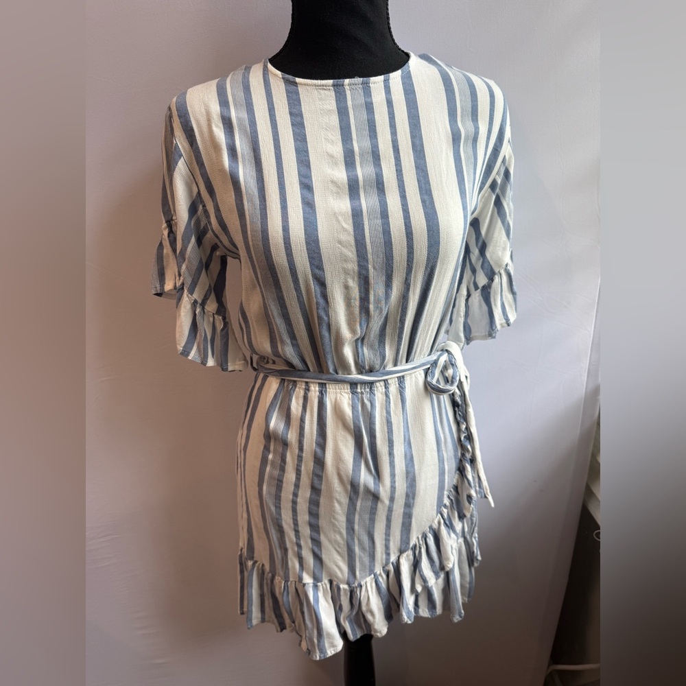 Lost + Wander White and‎ Blue Boho Open Back Striped Mini Dress